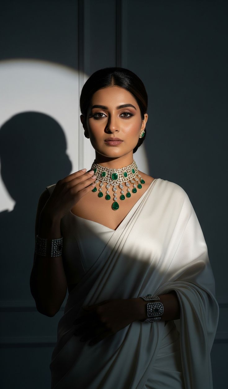 Model wearing an emerald necklace